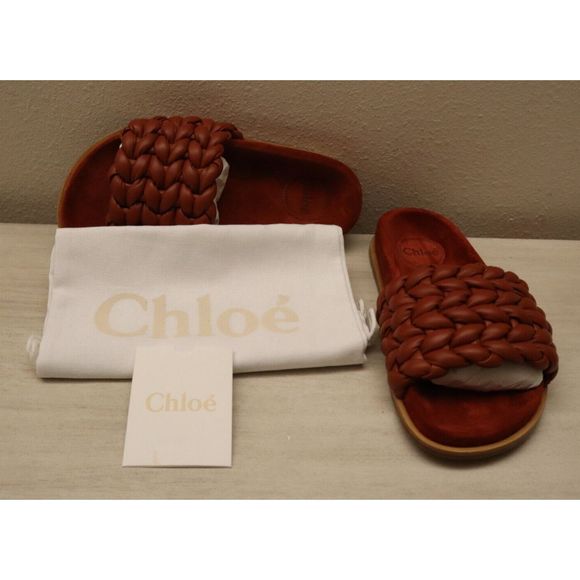 Chloé Womens Sz 37W US 7 Terracotta Red Kacey Braided Leather Slide Sandals - Picture 9 of 11